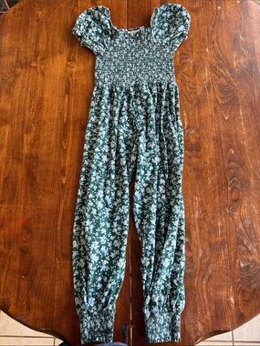 SweetHoney Green Floral Shirred Jumpsuit Romper for Kids